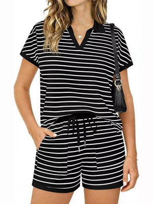 Black striped polo shirt and drawstring shorts loungewear set with pockets.
