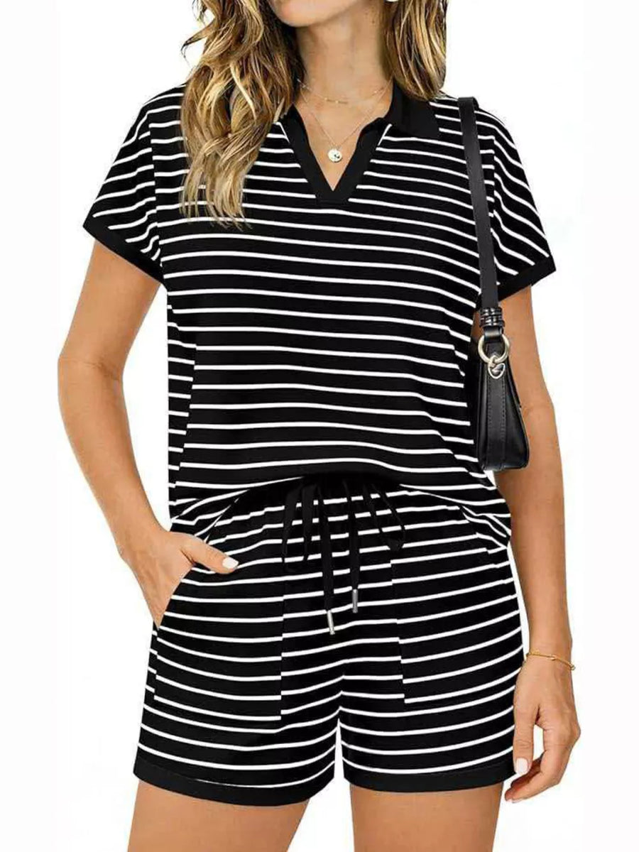 Black striped polo shirt and drawstring shorts loungewear set with pockets.