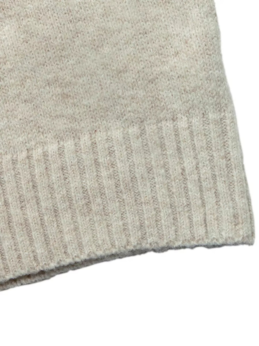 pullover sweater in oatmeal with contrast trim and hip-length