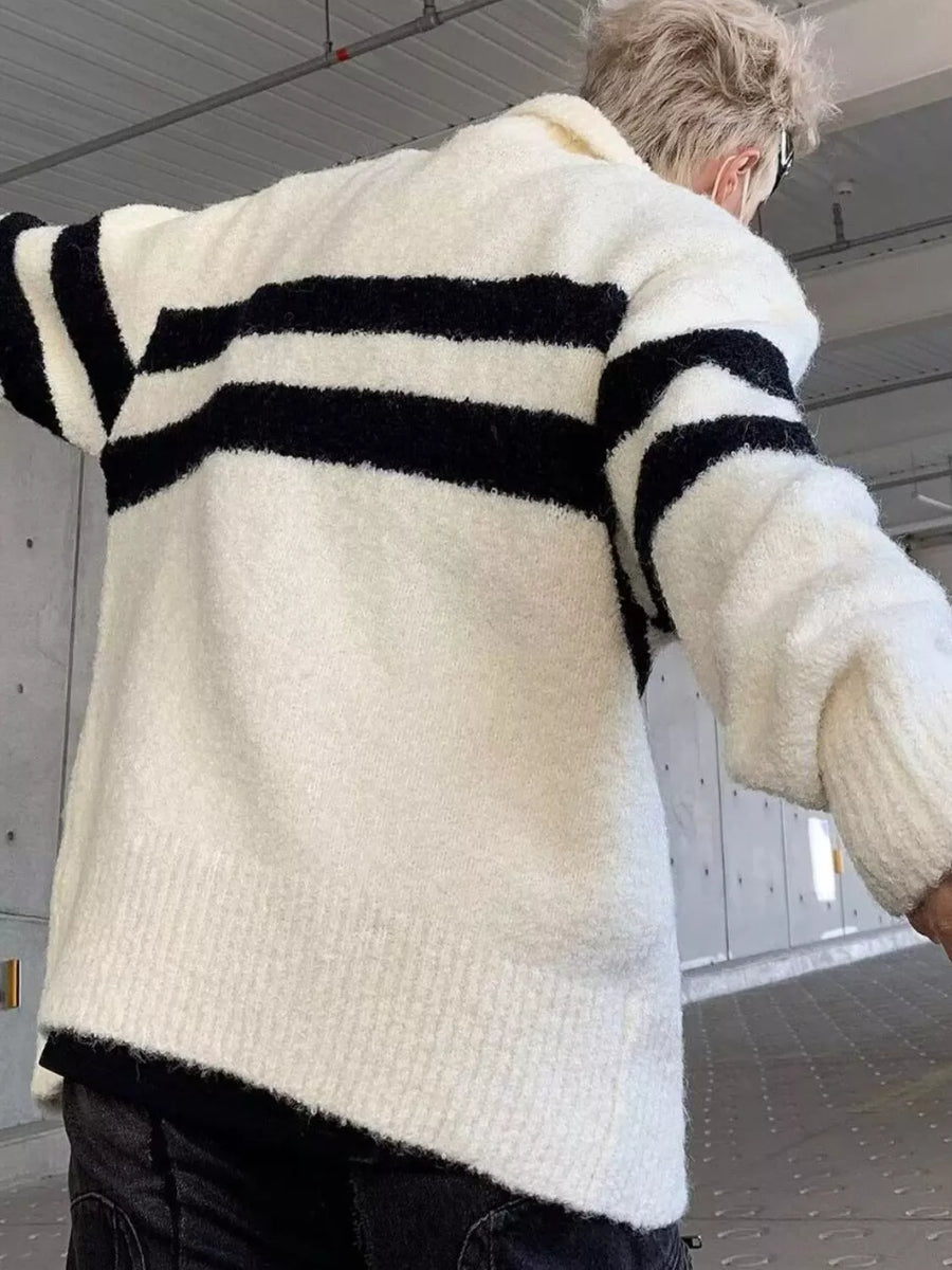 Full-size striped knit button-down cardigan in black and apricot with a relaxed fit.