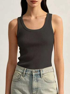 Black Ribbed Knit U-neck Tank