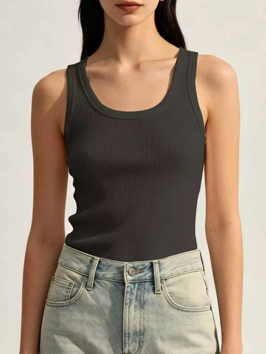 Black Ribbed Knit U-neck Tank