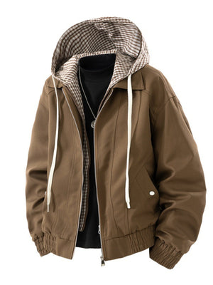 brown bomber jacket featuring pocketed and plaid