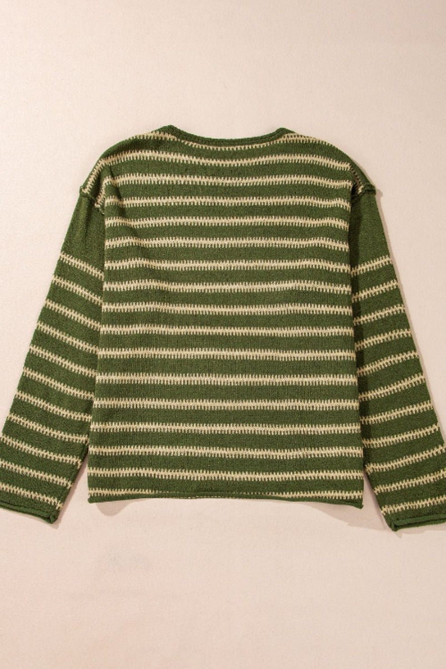 Moss green and cream striped relaxed fit knit sweater with crew neck and long sleeves.