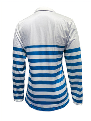 Quarter-Zip Striped Long Sleeve T-Shirt in Black And White with zipper