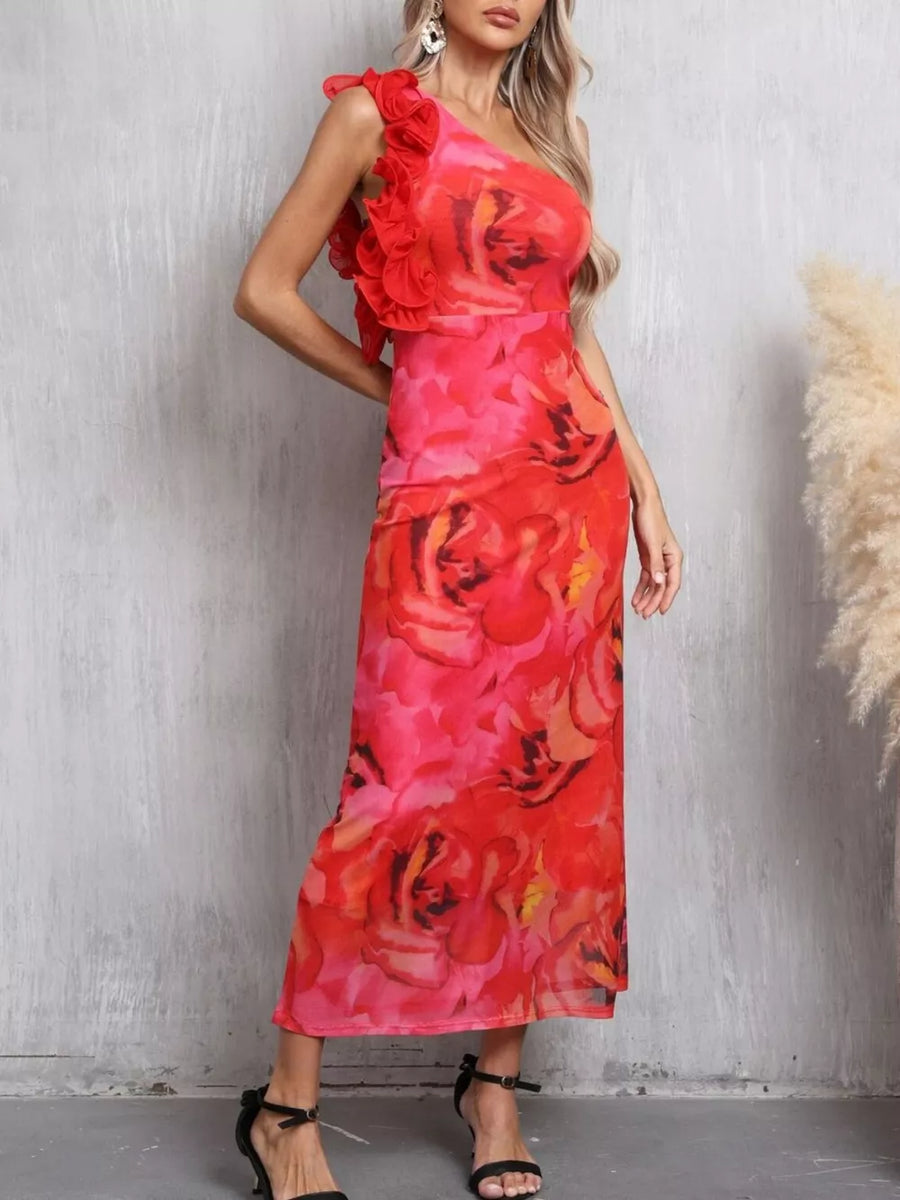 Floral one shoulder maxi dress with ruffled trim and ankle length hem.