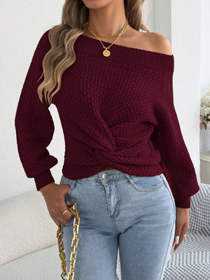 Off-Shoulder Twist Front Knit Top in Burgundy with twisted front