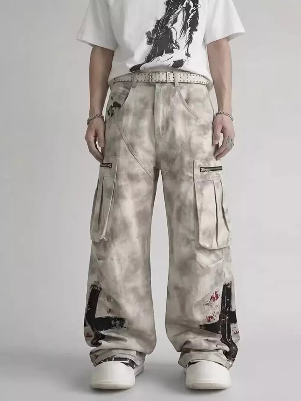 light beige cargo pants with tie-dye and N/A