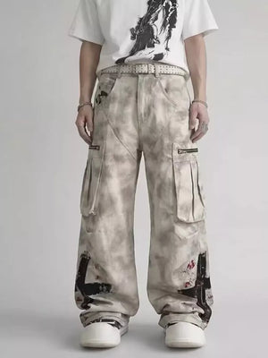 light beige cargo pants with tie-dye and N/A