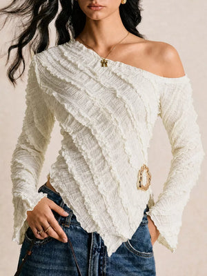 ivory one-shoulder top with textured and one-shoulder