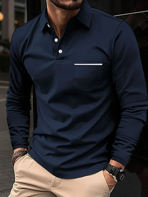 Navy long-sleeve polo shirt with white trim pocket detail and button placket.