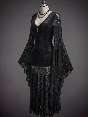 Black maxi dress featuring lace detail and floral