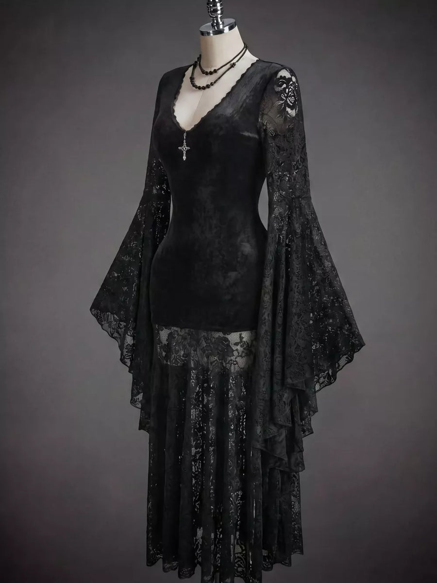 Black maxi dress featuring lace detail and floral