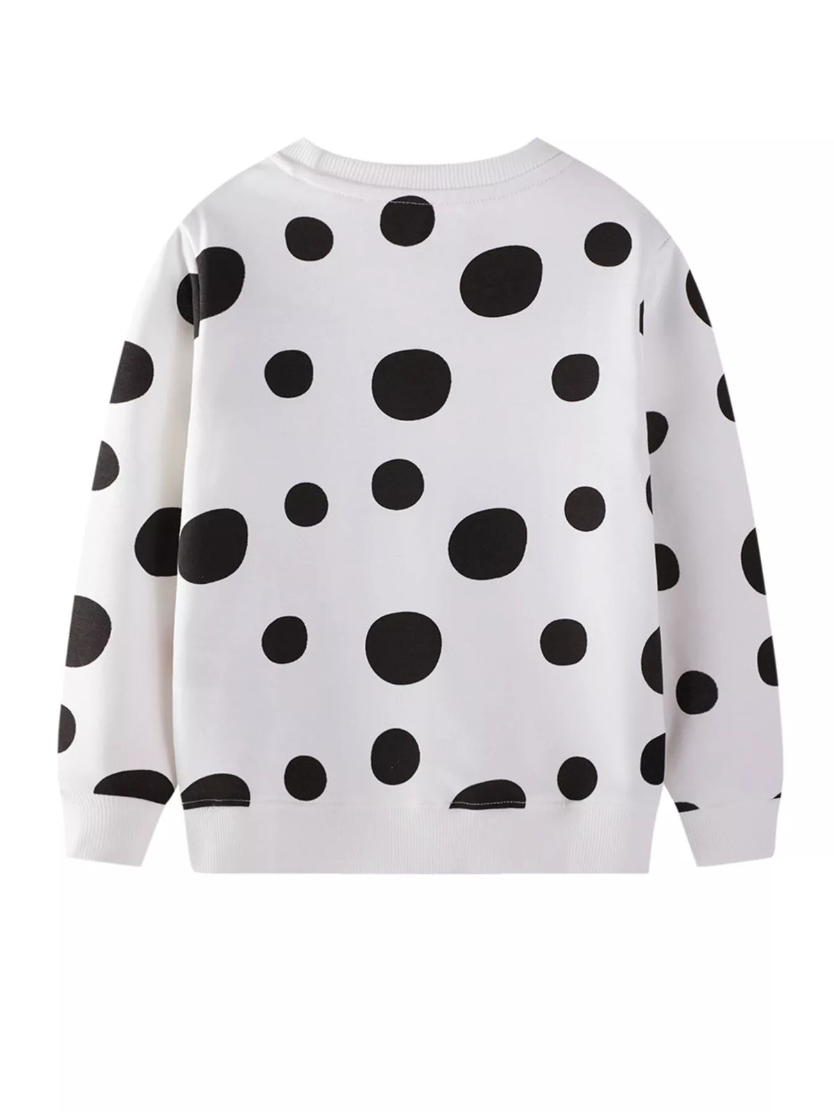 White cotton blend sweatshirt with black polka dots and a crew neck.