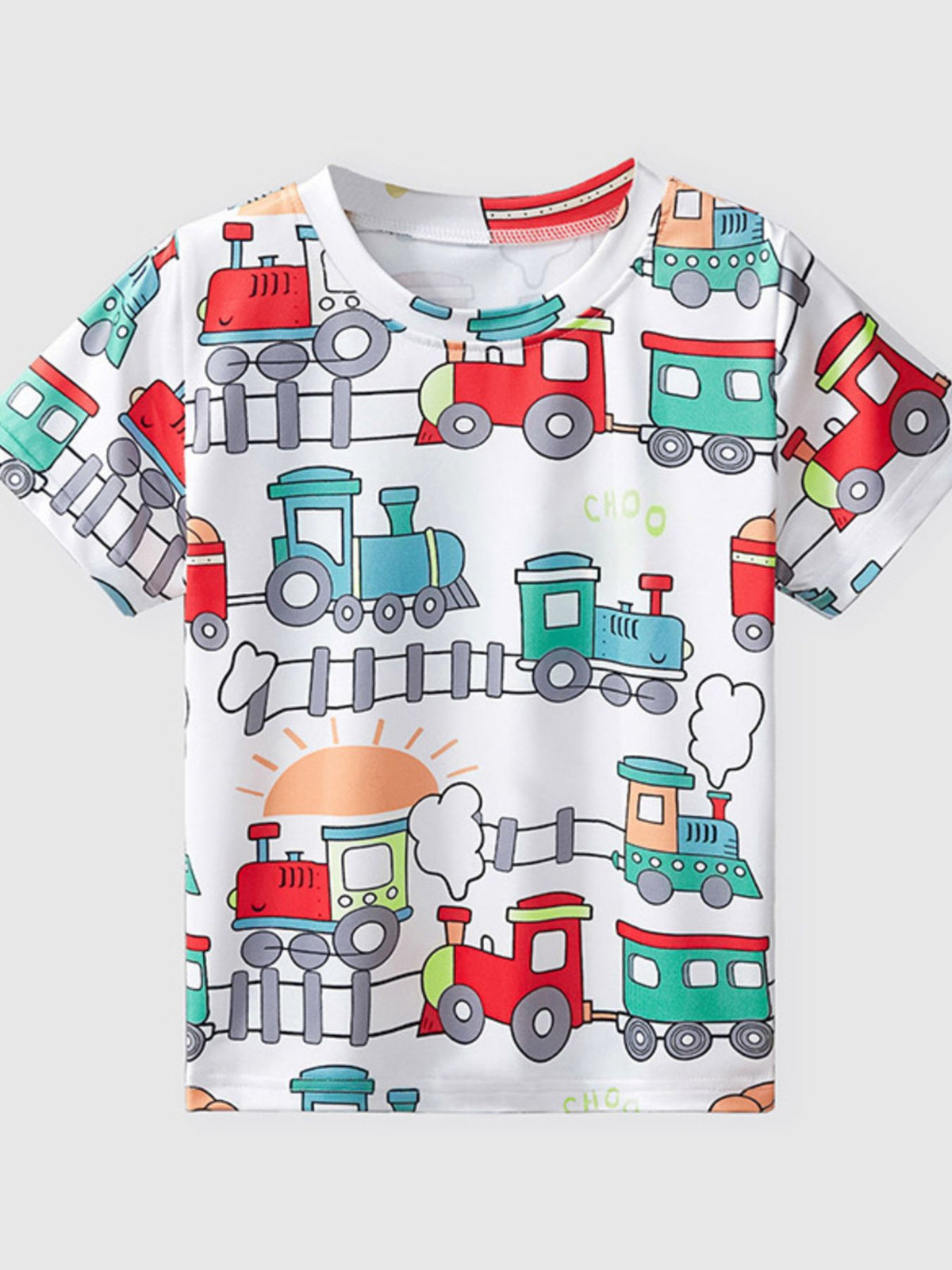 White toddler t-shirt with a playful all-over train print and crew neck.