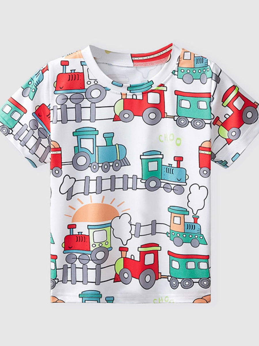 White toddler t-shirt with a playful all-over train print and crew neck.