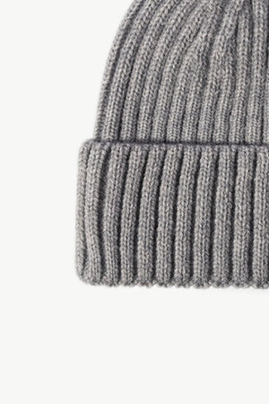 Gray chunky ribbed knit beanie with acrylic material