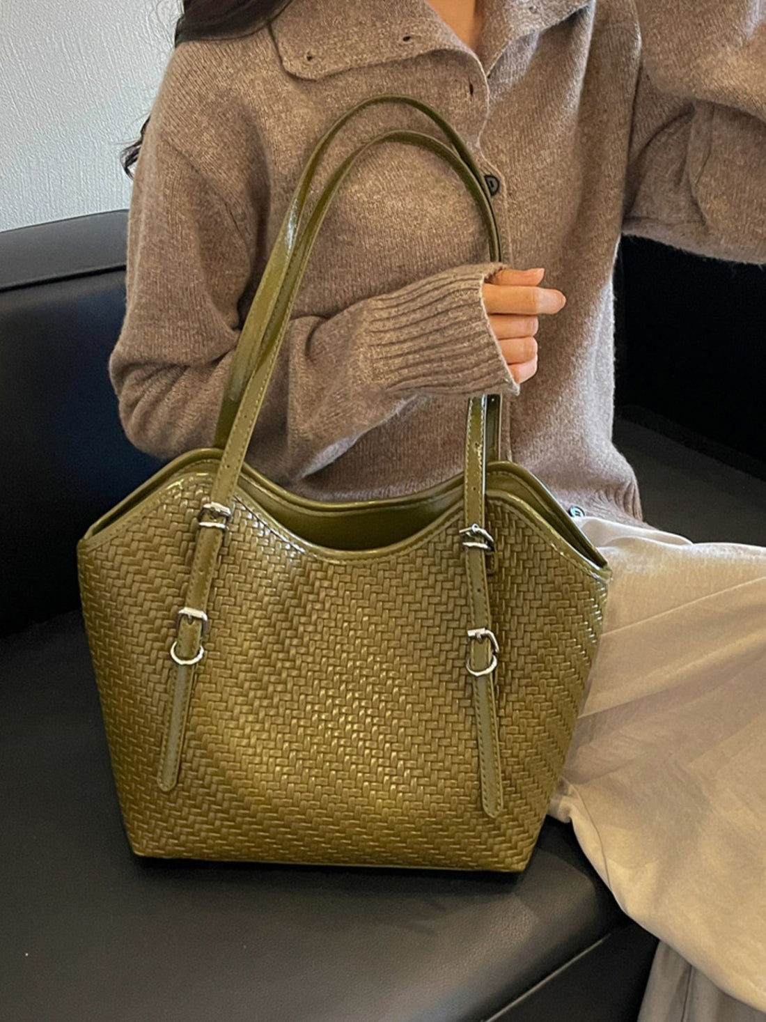 olive green PU Leather Imported Size &amp tote with woven and open-top