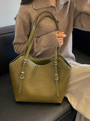 olive green PU Leather Imported Size &amp tote with woven and open-top
