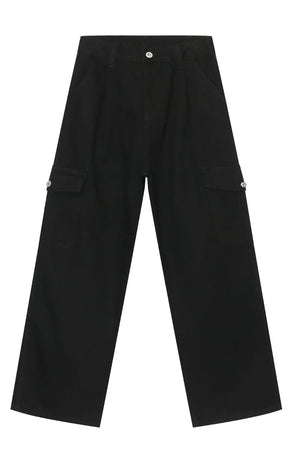 Black denim cargo pants with pleats and button-flap pockets.