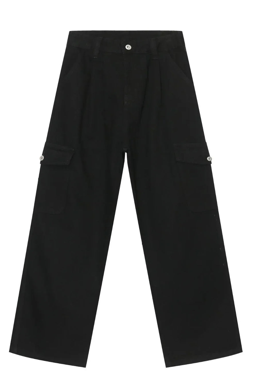 Black denim cargo pants with pleats and button-flap pockets.