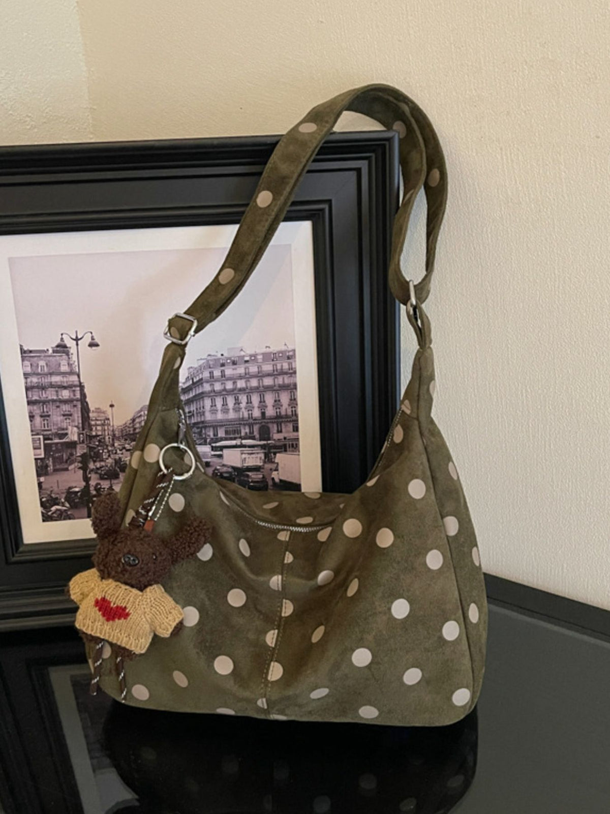olive green Suede Imported Size &amp handbag with polka dot and zip-front