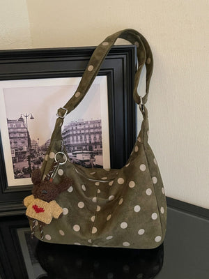 olive green Suede Imported Size &amp handbag with polka dot and zip-front