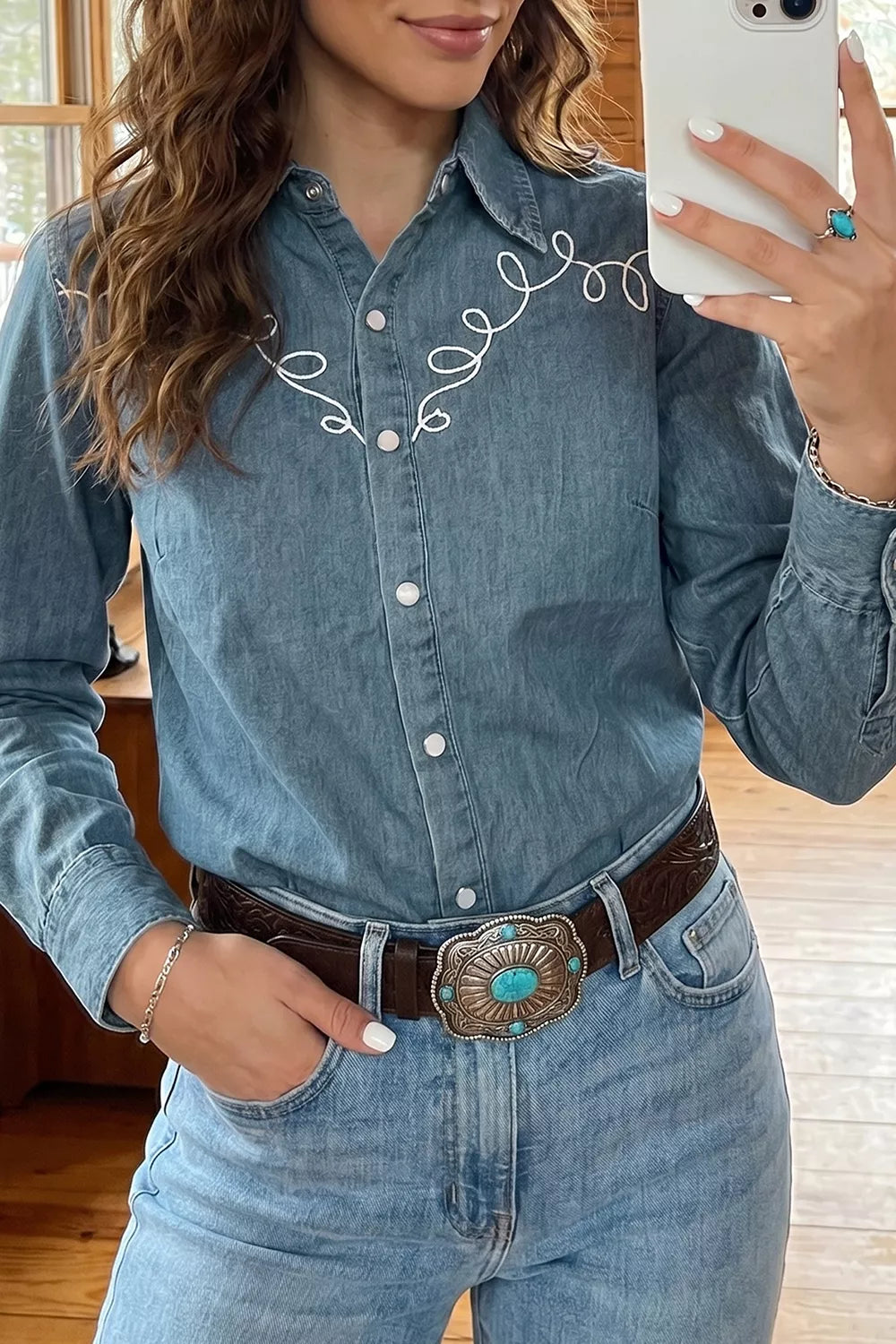 Dusty Blue Embroidered Western Denim Top