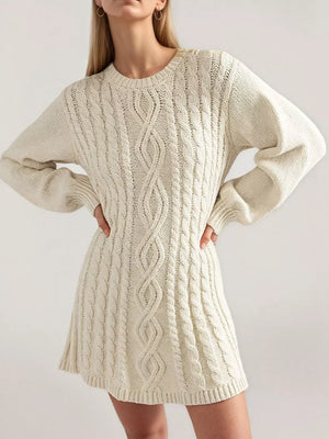 cream sweater dress with cable knit and crew neck