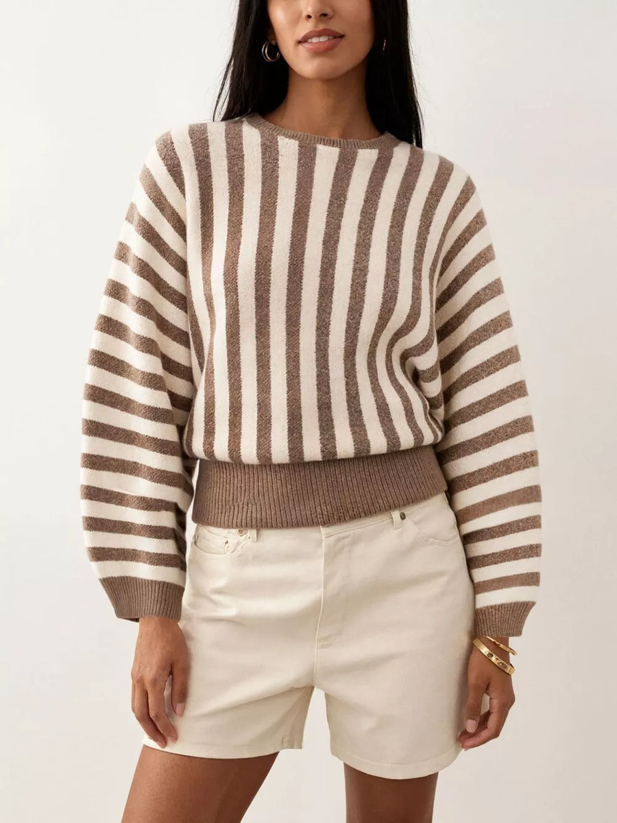 brown crewneck sweater with striped and crew neck
