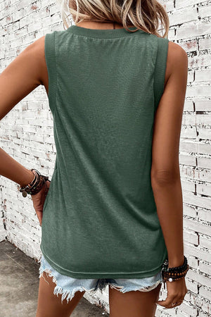 Distressed flag graphic tank top in black forest with ribbed neckline and armholes.