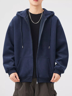 Navy blue casual zip-up hoodie with drawstring hood and front pockets.