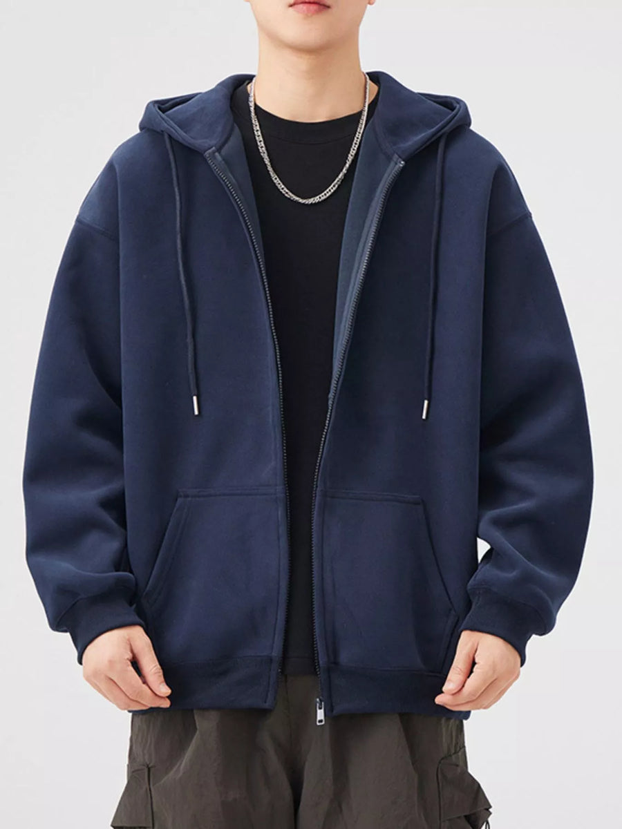 Navy blue casual zip-up hoodie with drawstring hood and front pockets.