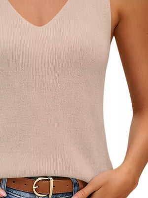 Pink V-neck Ribbed Knit Tank Top