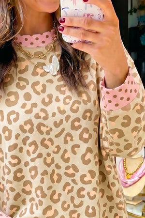 Leopard Print Sweatshirt With Polka Dot Accents in Tan