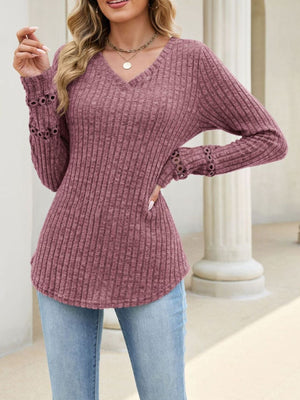V-Neck Ribbed Knit Top With Eyelet Cuff in Khaki with ribbed