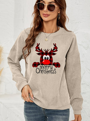 Beige corduroy sweatshirt with a festive reindeer graphic and "Merry Christmas" text.