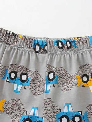 Toddler cotton blend shorts with blue construction vehicle print and elastic waistband.