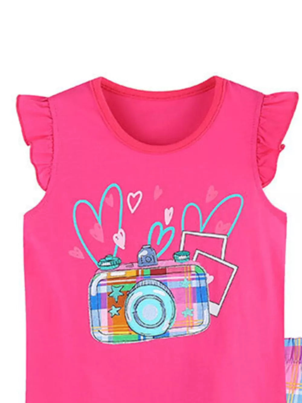 Pink toddler girls' cotton blend set with ruffled sleeves and a playful camera graphic.