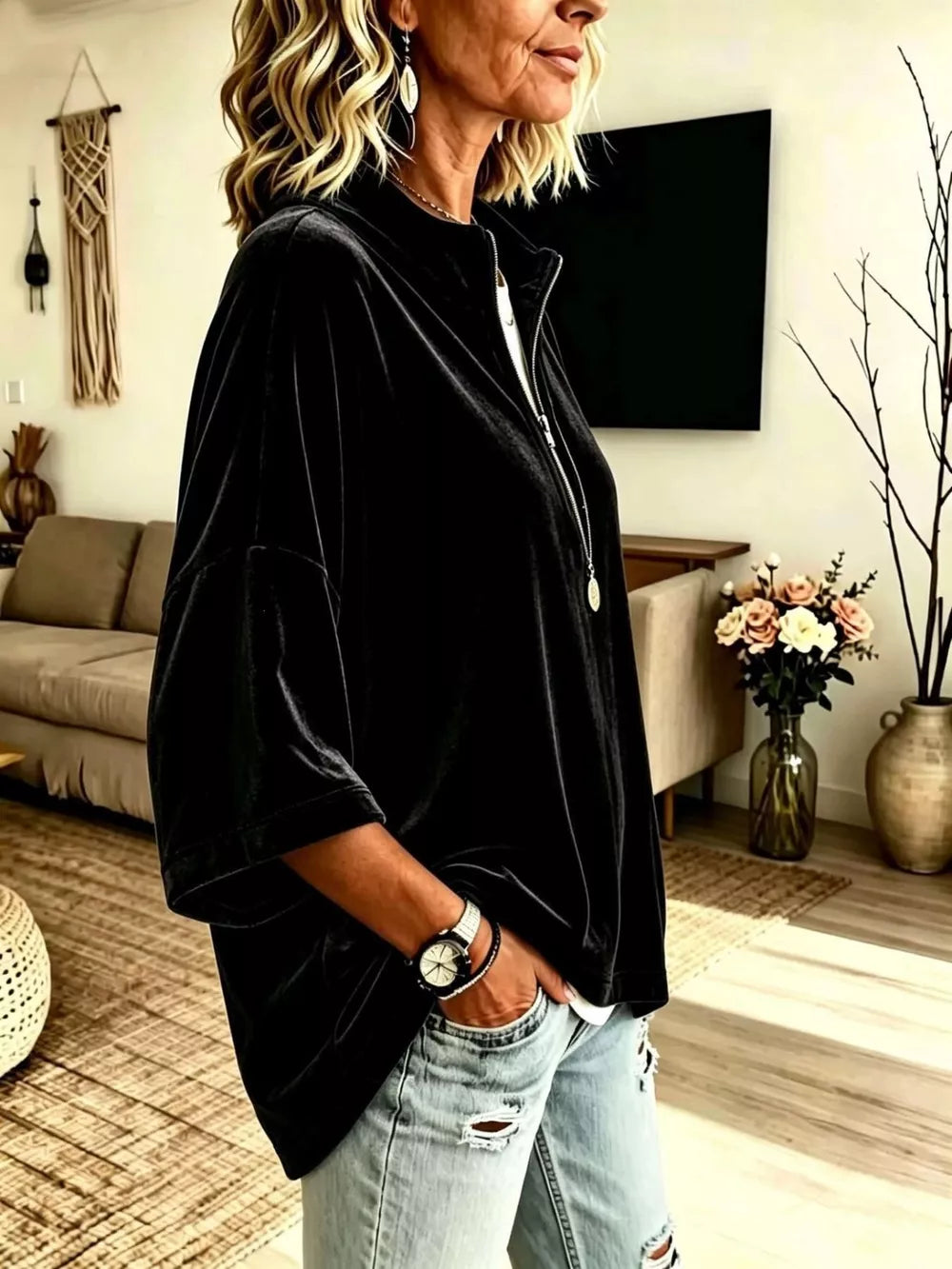 Full Size Velvet Quarter-zip Sweatshirt Plus Size in Black with zipper