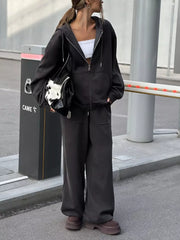 Light Gray with Oversized Zip-up Hoodie And Wide-leg Pants Set in Light Gray