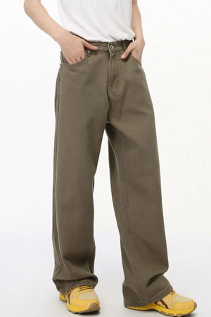 Taupe elastic waist straight-leg denim jeans with pockets and a relaxed fit.