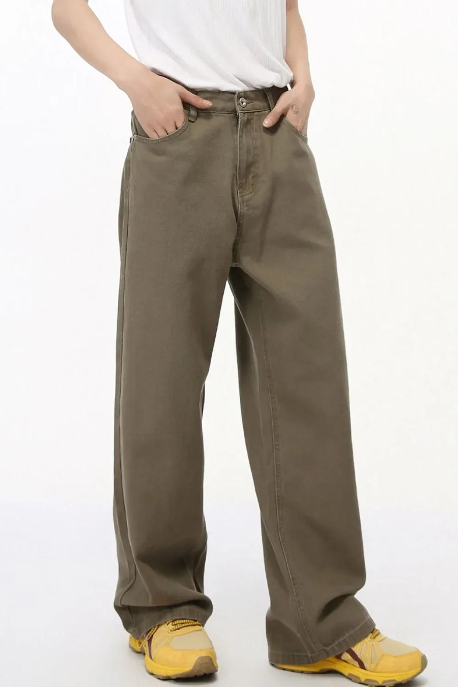 Taupe elastic waist straight-leg denim jeans with pockets and a relaxed fit.