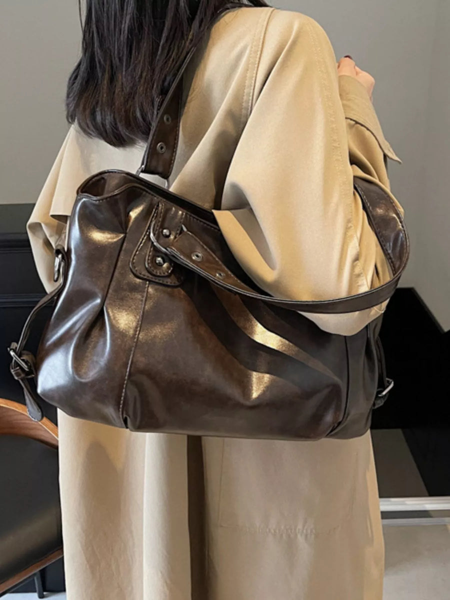 Large vintage brown PU leather shoulder bag with ruched detail and silver hardware.