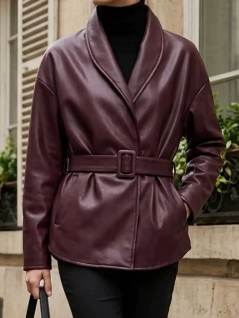 55% Polyester, 45% Polyurethane Care instructions: Machine wash cold leather jacket in Burgundy with fitted silhouette