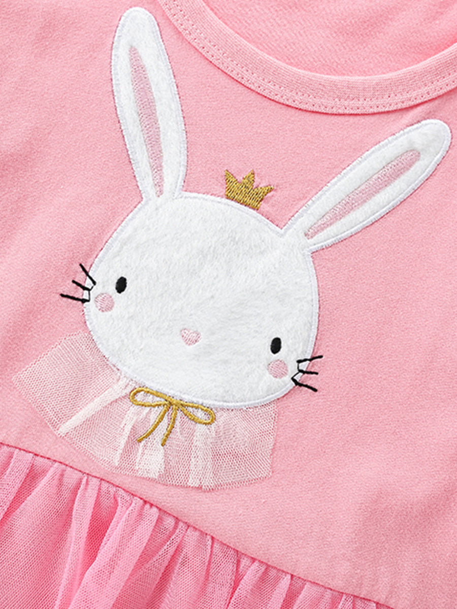 Pink cotton toddler dress with bunny appliqué, crown, tulle collar, and bow.