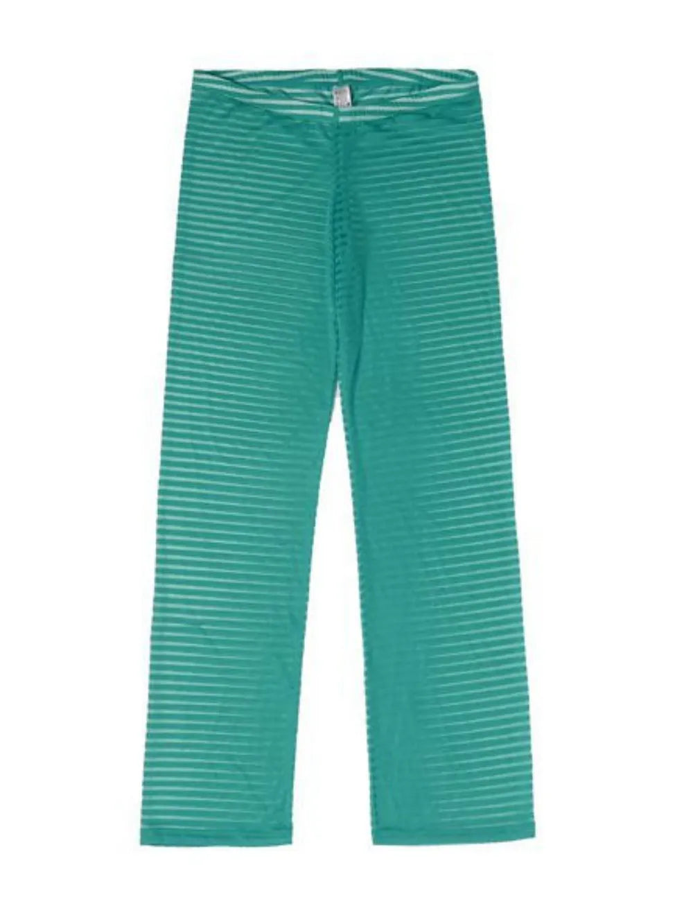Turquoise sheer flare trousers with horizontal stripes and a comfortable fit.