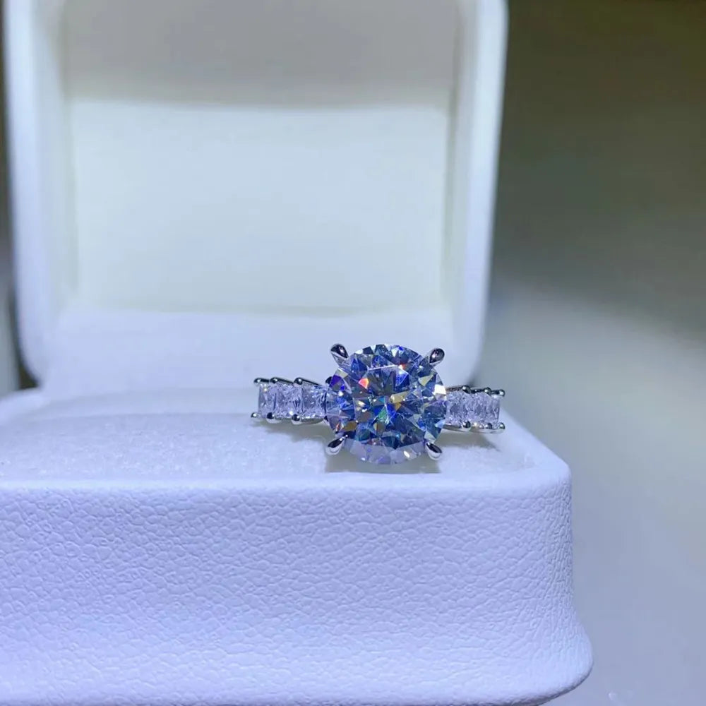 Radiant Round Moissanite & Baguette Ring in silver, 3 carat, 925 sterling silver.