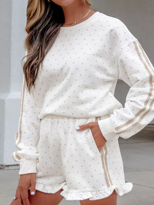 cream lounge set with hip-length, mini and pullover