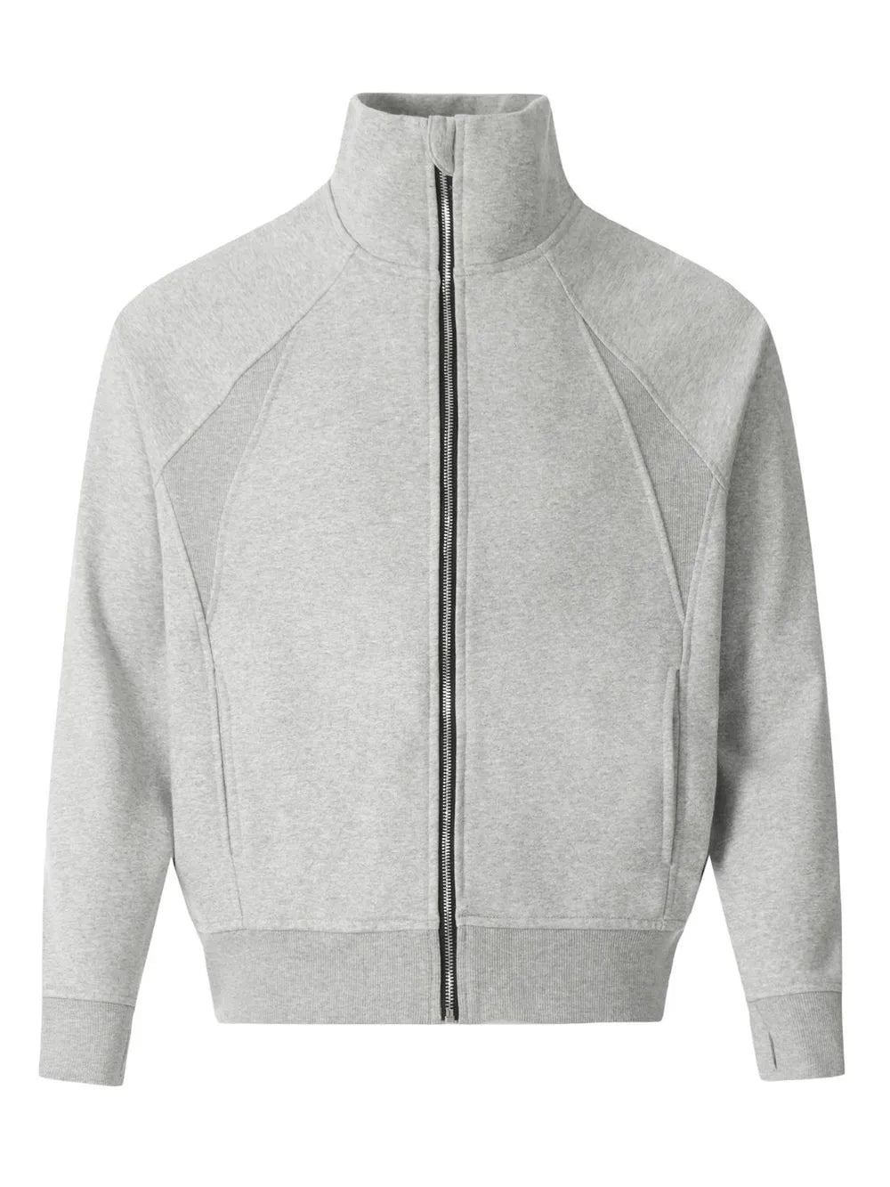 Gray zip-up sweatshirt with sculpted seam details and a stand-up collar.